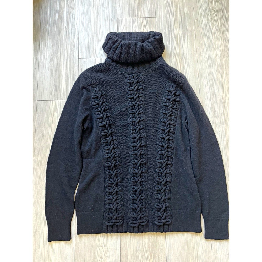 Lafayette 148 NY Black Cashmere Cable Knit Turtleneck Sweater Sz M Whimsigoth